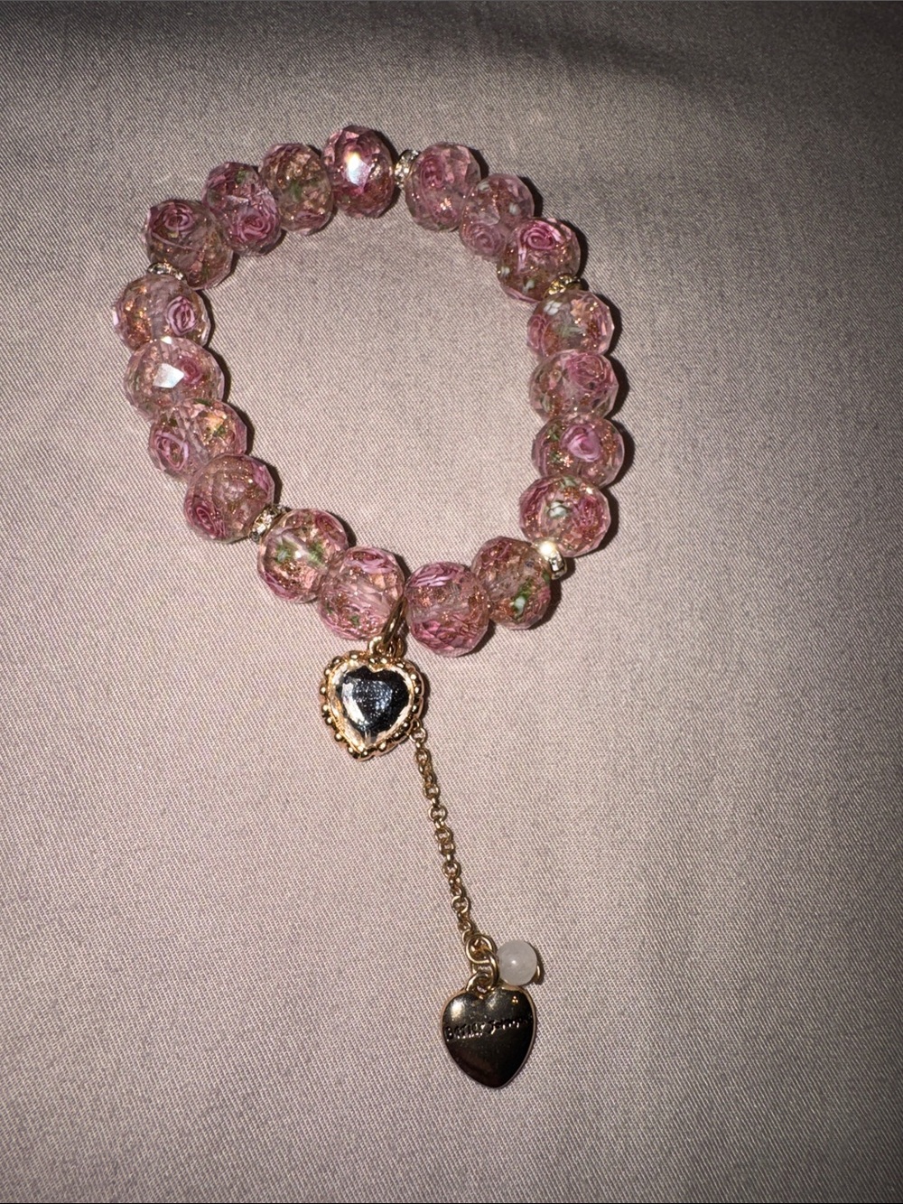 Betsy Johnson Pink Beaded Heart Charm Bracelet -